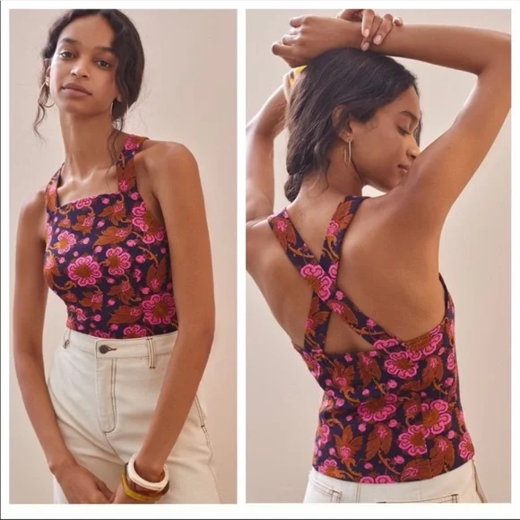 Anthropologie | Porridge Seamed Cross Back Tank Top Pink Navy Bohemian New Small - Picture 7 of 14
